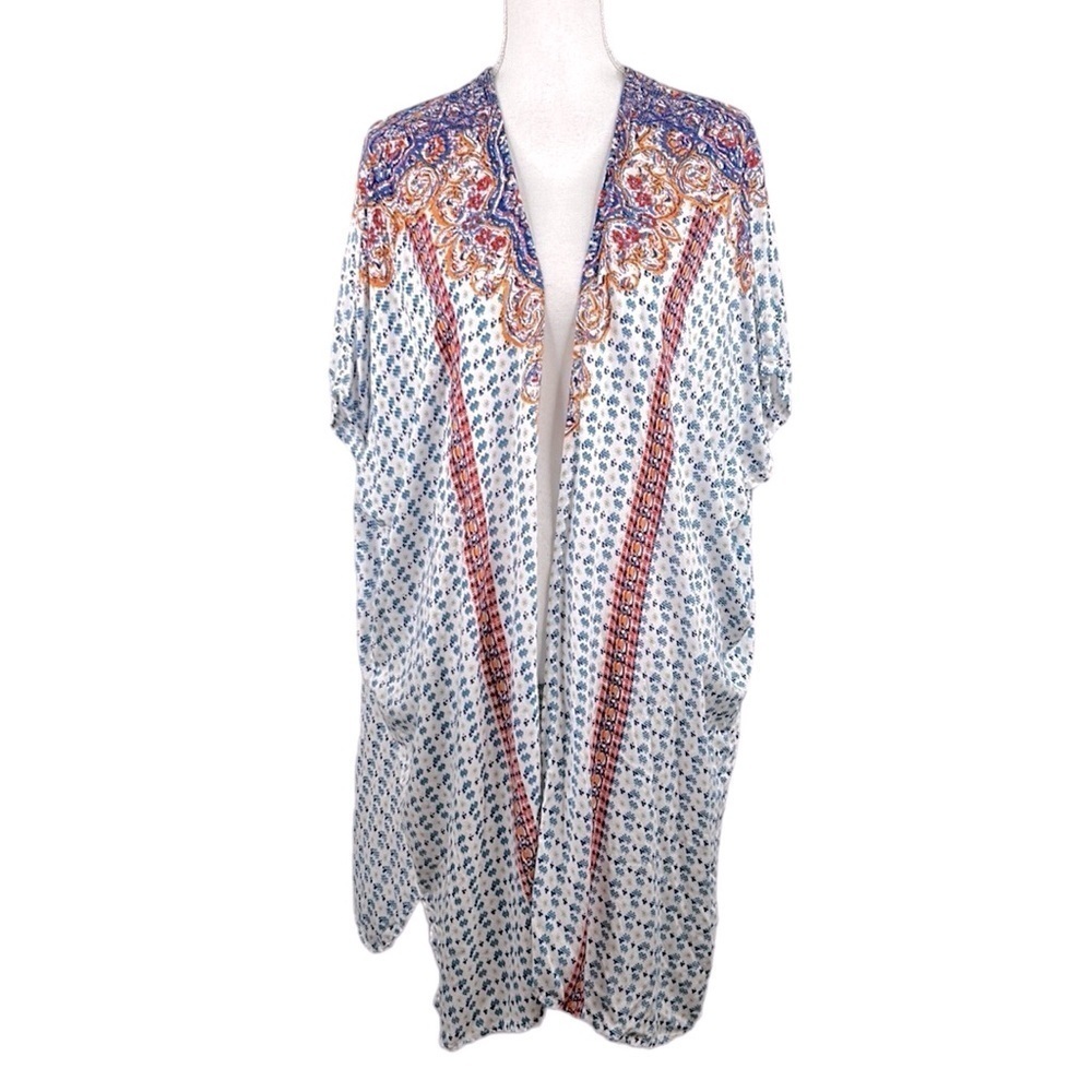 Angie Boho Floral Rayon Open Kimono Cardigan Short Sleeve Top Size Small